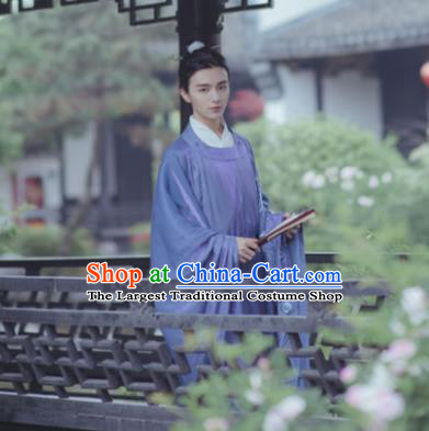 China Ancient Scholar Blue Hanfu Robe Traditional Song Dynasty Noble Prince Embroidered Historical Clothing for Men