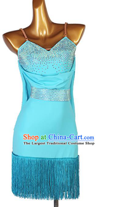 Professional Latin Dance Competition Costume Rumba Dancing Clothing Jitterbug Dance Blue Tassel Dress Women Cha Cha Fashion