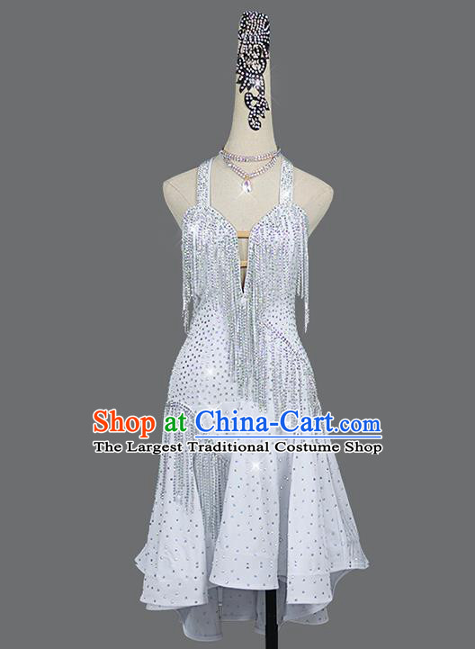 Professional Modern Dance Costume Women Dancing Competition Clothing Cha Cha Sexy Fashion Latin Dance White Diamante Dress