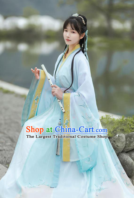 China Jin Dynasty Young Beauty Clothing Ancient Goddess Blue Hanfu Dress Traditional Royal Woman Historical Garments
