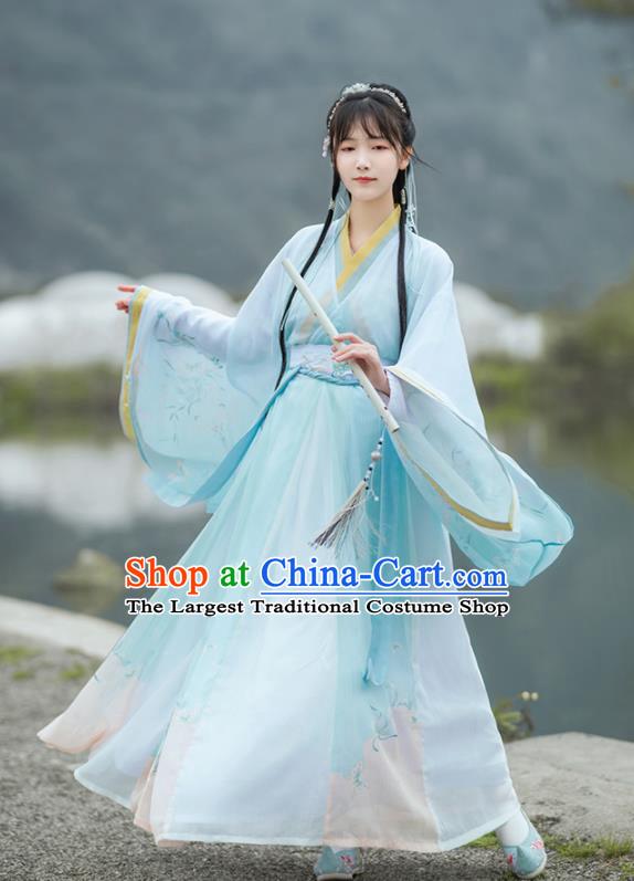 China Jin Dynasty Young Beauty Clothing Ancient Goddess Blue Hanfu Dress Traditional Royal Woman Historical Garments