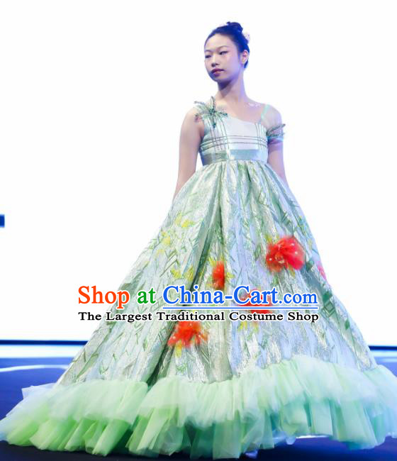 High Kid Birthday Trailing Full Dress Children Catwalks Light Green Dress Girl Stage Show Clothing Compere Garment Costume