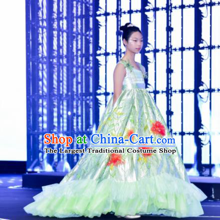High Kid Birthday Trailing Full Dress Children Catwalks Light Green Dress Girl Stage Show Clothing Compere Garment Costume
