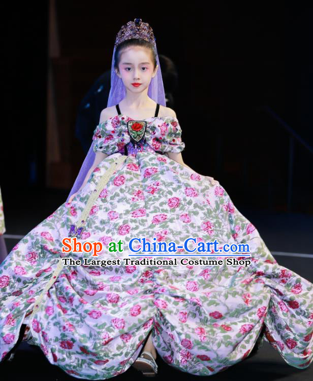High Baroque Compere Garment Costume Kid Birthday Trailing Full Dress Children Catwalks Purple Dress Girl Stage Show Clothing