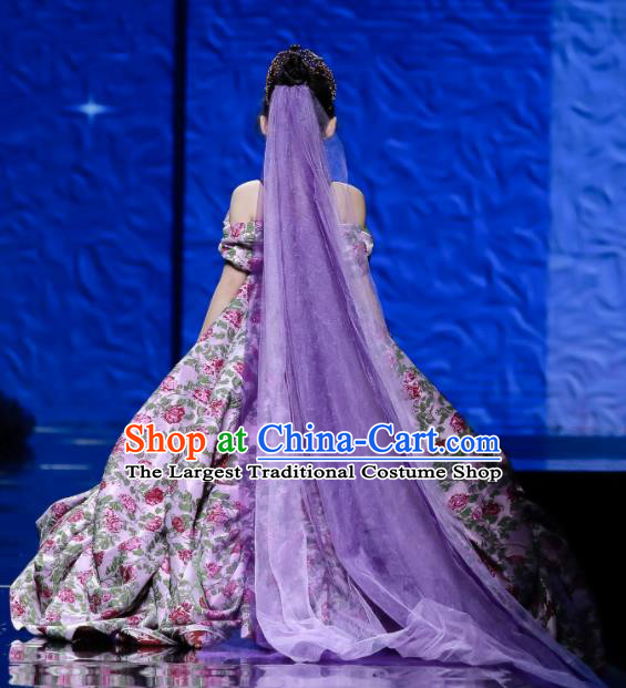High Baroque Compere Garment Costume Kid Birthday Trailing Full Dress Children Catwalks Purple Dress Girl Stage Show Clothing