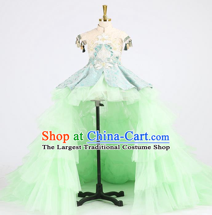 High Stage Show Green Veil Full Dress Girl Model Performance Clothing Children Compere Garments Catwalks Formal Costume