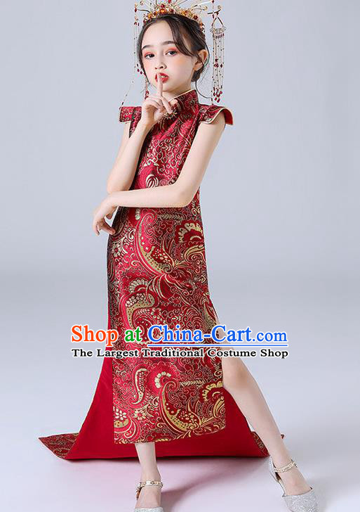 China Children Classical Dance Qipao Dress Compere Trailing Red Dress Girl Catwalks Clothing Stage Performance Garment Costume