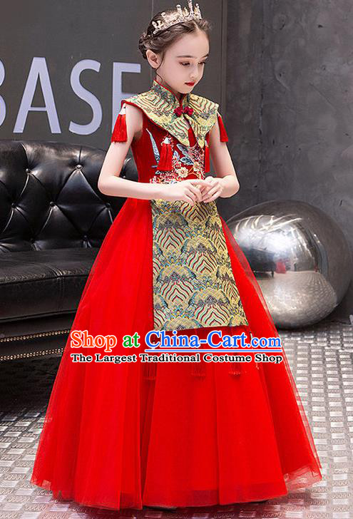 China Girl Catwalks Clothing Stage Performance Garment Costume Children Classical Dance Dress Compere Red Veil Dress