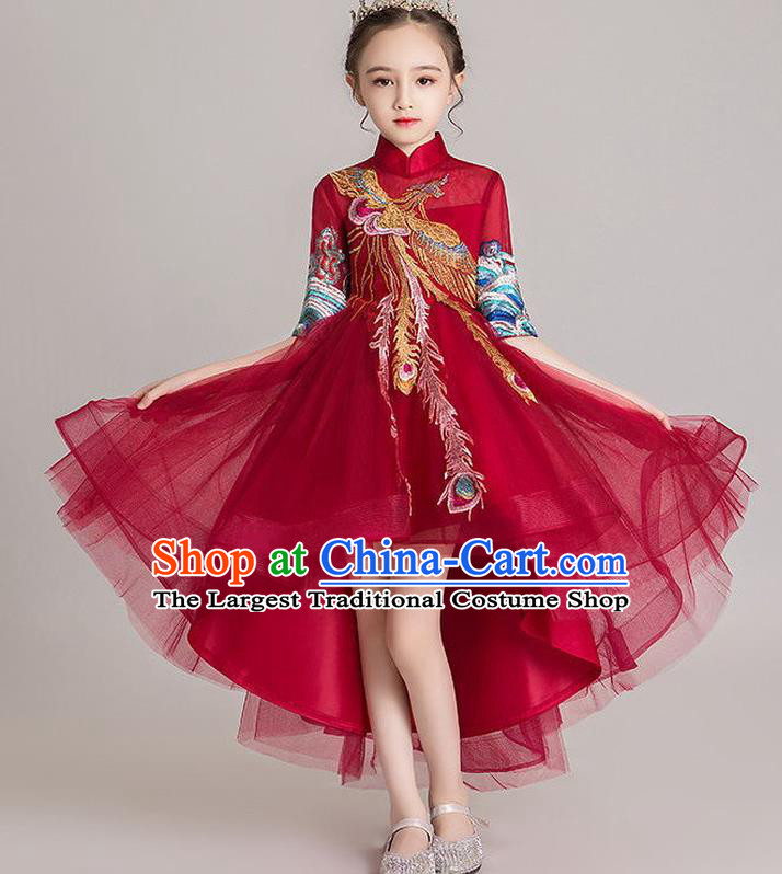 Custom Girl Compere Fashion Clothing Stage Show Embroidered Phoenix Dress Catwalks Princess Wine Red Full Dress Children Dancewear
