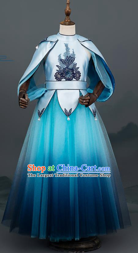 Custom Girl Catwalks Blue Full Dress Children Day Performance Fashion Garment Baby Compere Clothing Stage Show Dress