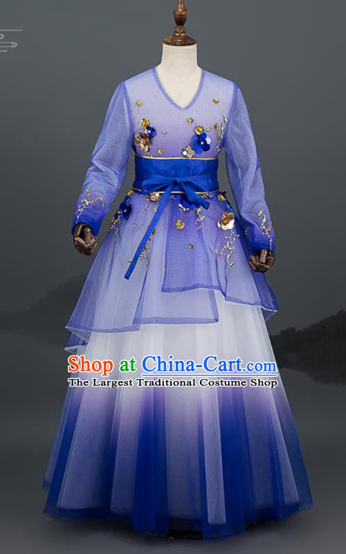 Custom Girl Catwalks Full Dress Children Day Performance Fashion Garment Baby Princess Clothing Stage Show Blue Dress