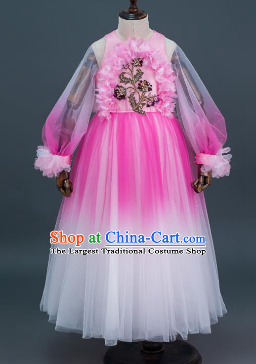 Custom Girl Princess Fashion Children Stage Show Full Dress Kid Birthday Clothing Flowers Fairy Pink Veil Dress