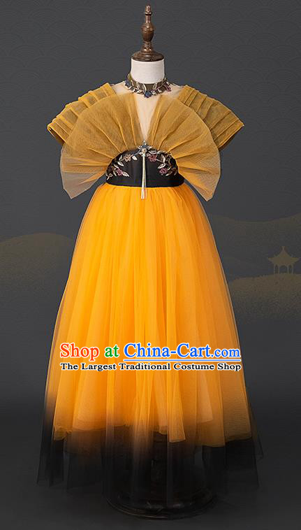 Custom Girl Piano Recital Fashion Princess Yellow Veil Full Dress Kid Performance Clothing Children Compere Bubble Dress