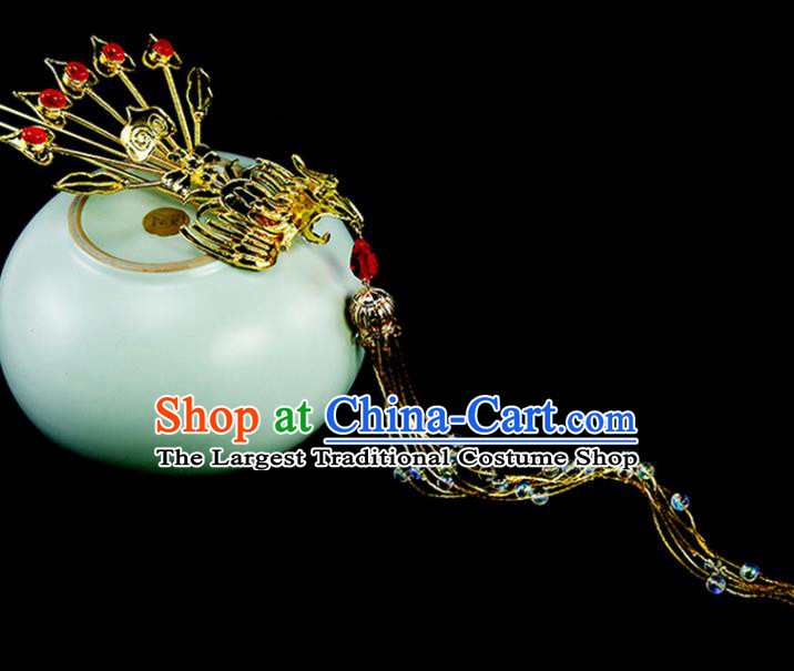 Chinese Traditional Ming Dynasty Empress Hair Accessories Ancient Court Woman Golden Phoenix Hair Crown and Hairpins