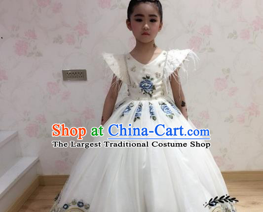 Professional Piano Recital Garment Costume Girl Stage Show Clothing Princess Fashion Children Catwalks White Full Dress