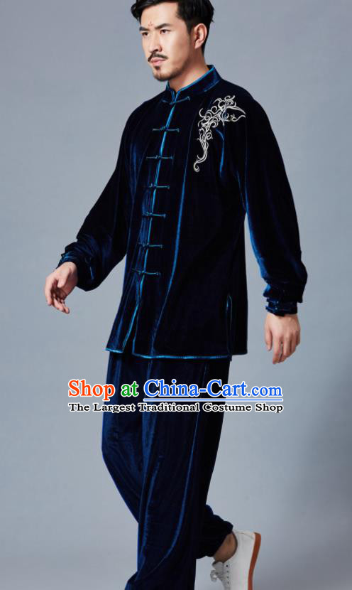 Chinese Martial Arts Garment Costumes Tai Chi Training Navy Pleuche Uniforms Kung Fu Competition Clothing for Women for Men