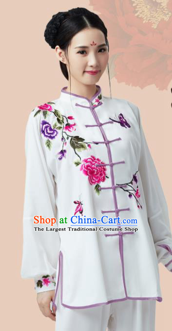 China Martial Arts Embroidered Peony White Outfits Wushu Performance Costumes Tai Chi Training Uniforms Kung Fu Clothing