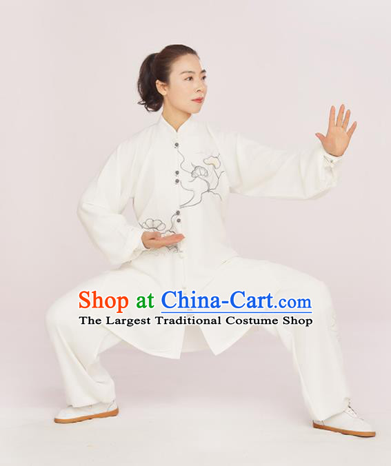 Professional Chinese Martial Arts Kung Fu Training Clothing Wushu Performance Embroidered Lotus Uniforms Tai Chi Competition White Suits