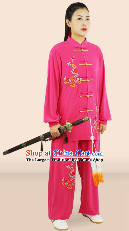Professional Chinese Wushu Performance Embroidered Rosy Uniforms Tai Ji Suits Martial Arts Competition Clothing Kung Fu Tai Chi Costumes