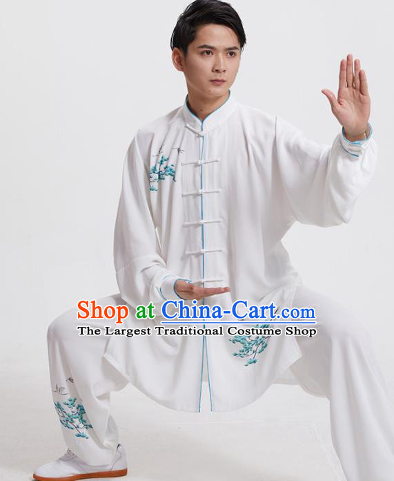 Chinese Kung Fu Performance Clothing Martial Arts Garment Costumes Tai Chi Training Printing Pine Crane White Uniforms for Men for Women