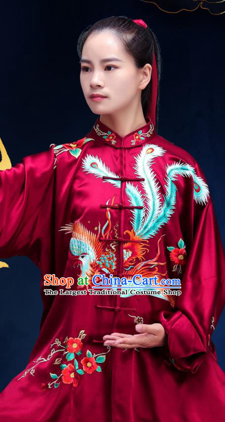 Chinese Tai Chi Training Uniforms Kung Fu Wine Red Silk Outfits Martial Arts Clothing Tai Ji Competition Costumes