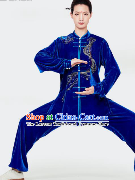 Chinese Wushu Competition Royalblue Pleuche Outfits Martial Arts Clothing Kung Fu Garment Costumes Tai Chi Training Uniforms