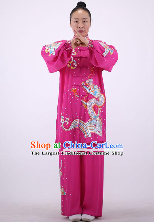 China Wushu Group Competition Clothing Martial Arts Embroidered Dragon Rosy Outfits Kung Fu Costumes Tai Chi Performance Uniforms
