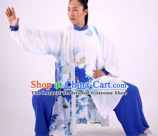 China Wushu Competition Outfits Tai Ji Kung Fu Painting Peony Costumes Tai Chi Performance Blue Uniforms Martial Arts Clothing