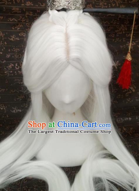 Handmade Chinese Cosplay Taoist Priest White Wigs Ancient Swordsman Headwear Drama Su Huanzhen Chignon and Lotus Crown Headdress