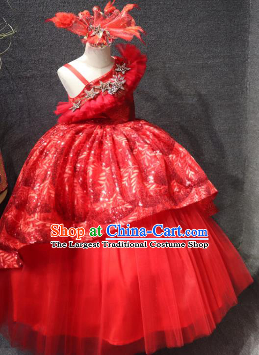 Top Girls Compere Formal Evening Wear Costume Girl Catwalks Red Veil Long Dress Children Stage Show Clothing