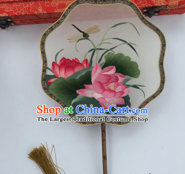 China Handmade Suzhou Embroidery Lotus Dragonfly Fan Ancient Hanfu Octagon Fans Traditional Cultural Dance Silk Fan Vintage Palace Fan