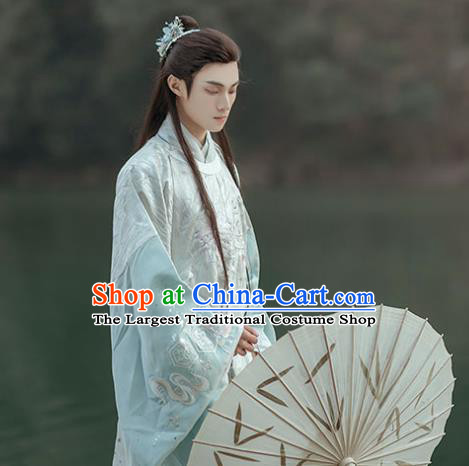 China Traditional Ming Dynasty Prince Blue Hanfu Robe Clothing Ancient Noble Childe Historical Garment Costume for Men