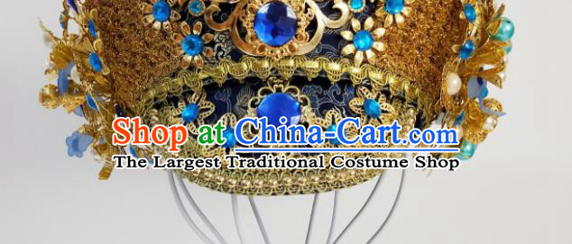 China Ancient Manchu Queen Golden Hair Crown Traditional Drama Court Hair Accessories Qing Dynasty Imperial Empress Hat Headdress