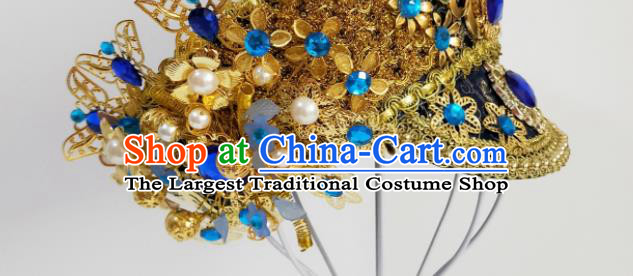 China Ancient Manchu Queen Golden Hair Crown Traditional Drama Court Hair Accessories Qing Dynasty Imperial Empress Hat Headdress
