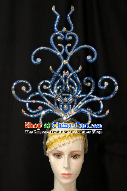 Handmade Cosplay Show Giant Hair Clasp Brazil Carnival Deluxe Headpiece Samba Dance Blue Royal Crown Halloween Hair Accessories
