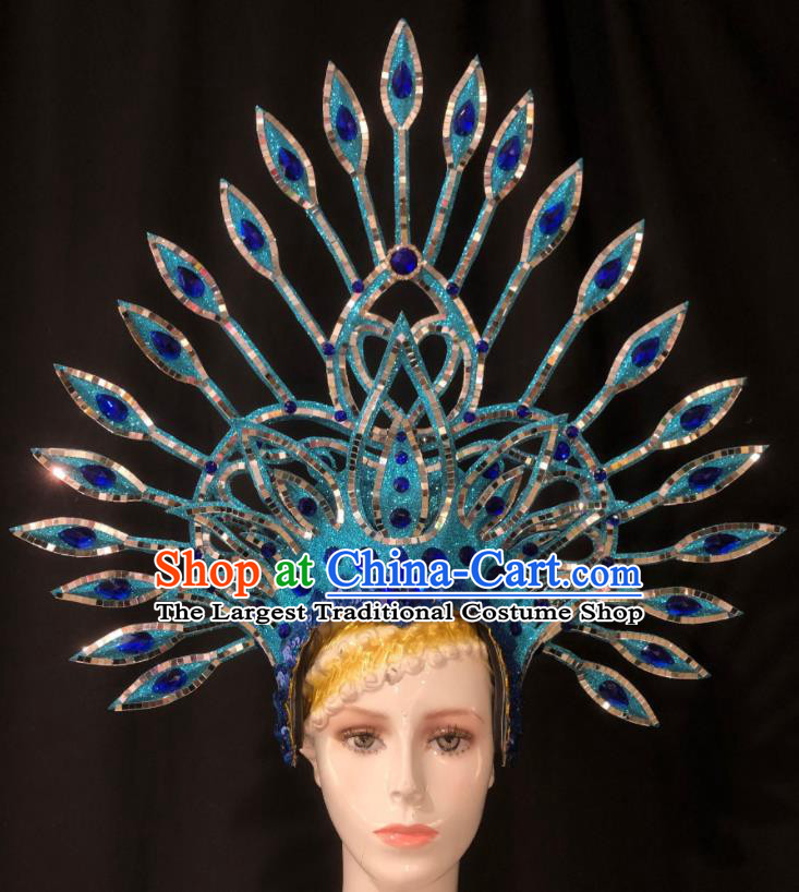 Handmade Rio Carnival Blue Royal Crown Cosplay Queen Deluxe Hair Accessories Halloween Stage Show Hat Brazil Parade Giant Headdress