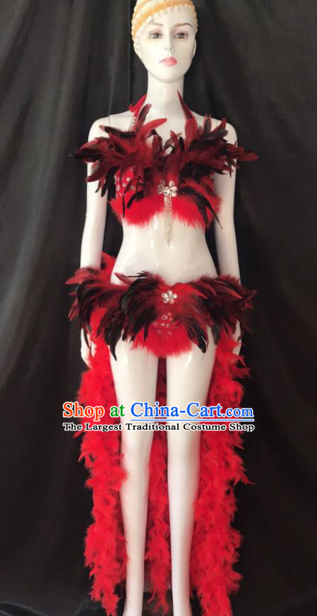 Custom Party Show Clothing Woman Catwalks Red Feather Swimwear Samba Dance Costumes Brazilian Carnival Uniforms