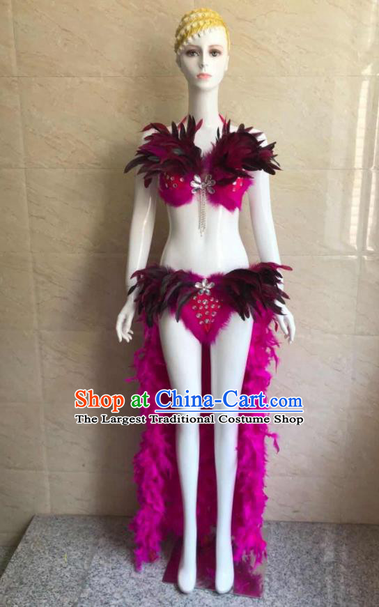 Custom Woman Catwalks Rosy Feather Swimwear Samba Dance Costumes Brazilian Carnival Uniforms Party Show Clothing
