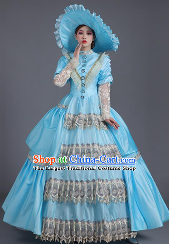 Custom Drama Performance Fashion European Royal Princess Clothing Western Stage Blue Full Dress Europe Vintage Garment Costume
