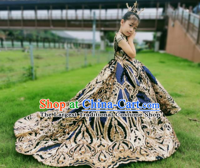 Top Christmas Baroque Princess Formal Garment Children Stage Performance Blue Trailing Evening Dress Girl Catwalks Show Embroidered Clothing