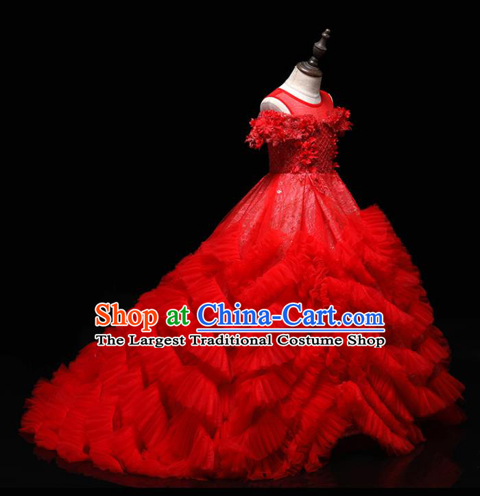 Top Christmas Princess Red Lace Garment Children Stage Performance Formal Clothing Girl Catwalks Show Trailing Evening Dress