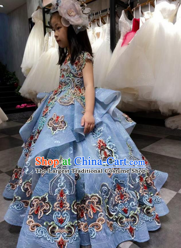 Top Girl Catwalks Show Embroidered Blue Evening Dress Christmas Baroque Princess Garment Children Stage Performance Formal Clothing