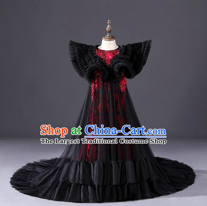 Top Christmas Gothic Princess Fashion Garment Children Stage Show Formal Clothing Girl Catwalks Black Angel Wings Evening Dress