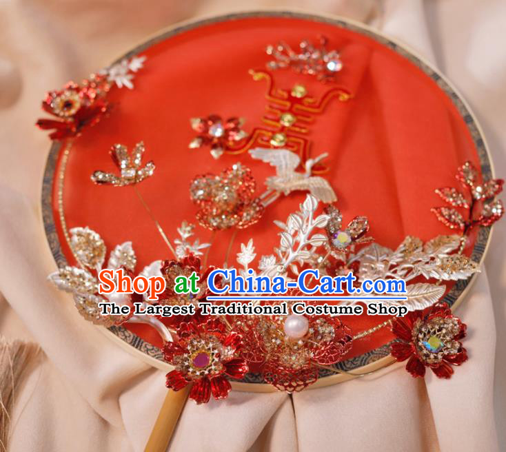 Handmade China Wedding Fan Ancient Bride Circular Fan Traditional Red Silk Fan Classical Dance Palace Fan