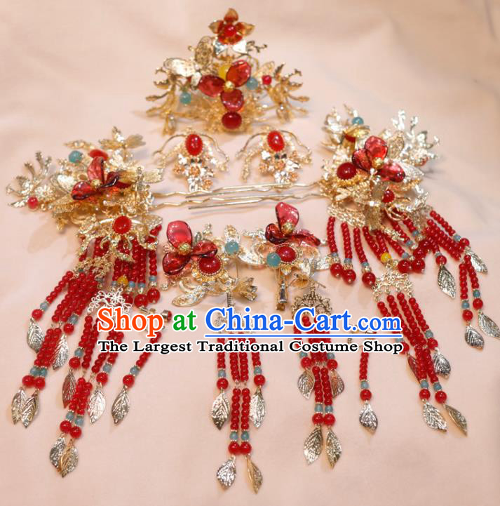 Chinese Handmade Tassel Hairpins and Hair Crown Classical Wedding Hair Accessories Ancient Bride Headpieces Xiuhe Suits Headdress