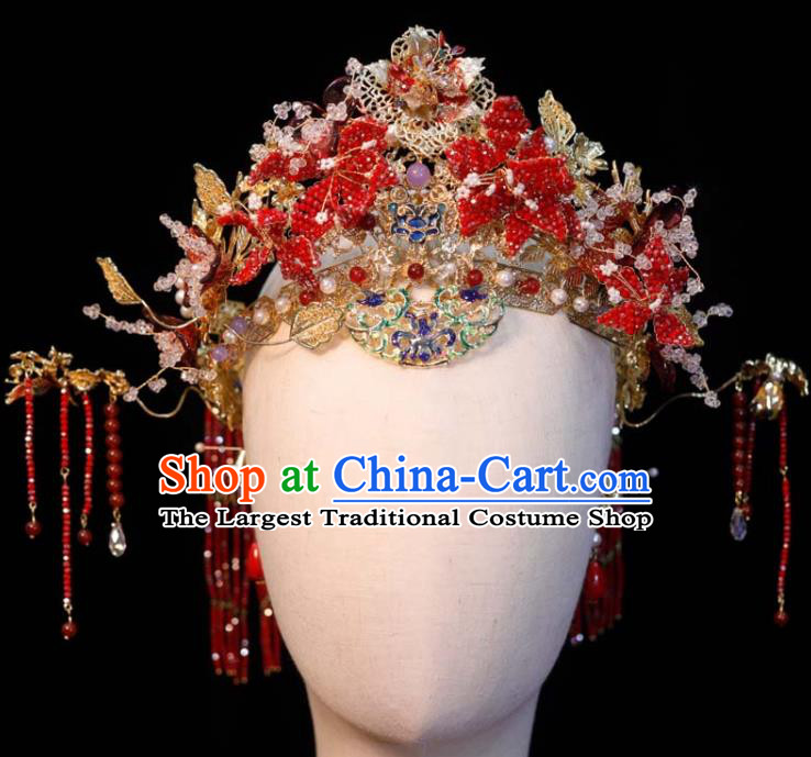 Chinese Ancient Bride Red Tassel Hair Crown and Hairpins Classical Phoenix Coronet XiuHe Headdress Handmade Wedding Hair Accessories