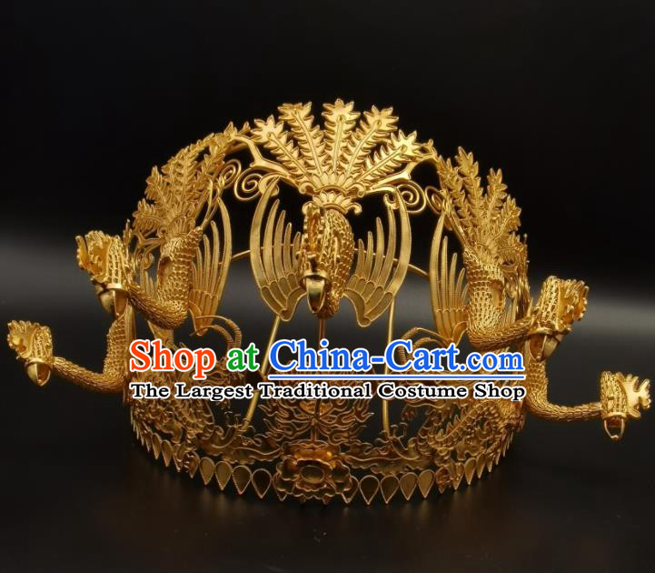 Chinese Handmade Ming Dynasty Headdress Traditional Wedding Hair Accessories Ancient Empress Golden Phoenix Coronet Classical Hair Crown