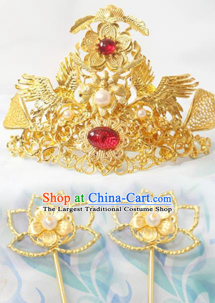 Chinese Ancient Empress Lotus Hairpins Classical Wedding Golden Hair Crown Handmade Tang Dynasty Headpieces Traditional Hanfu Hair Accessories