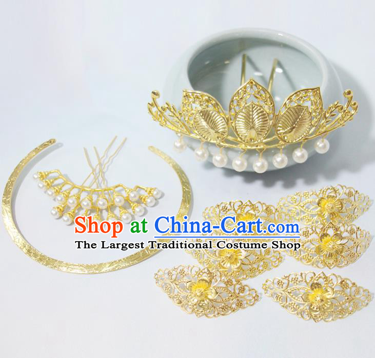 Chinese Traditional Hanfu Hair Accessories Ancient Empress Hairpins Classical Wedding Golden Hair Crown Handmade Song Dynasty Headpieces