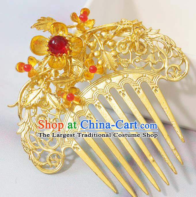 Chinese Ancient Princess Hairpin Classical Wedding Golden Hair Comb Handmade Tang Dynasty Headpiece Traditional Hanfu Hair Accessories